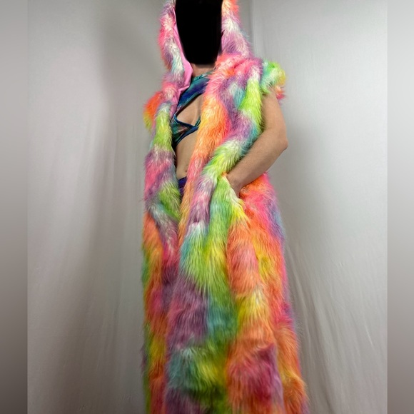 LONG Fur LED Glowing Light Up Coat Burning Man Rave Festival Rainbow Pastel EDC - Picture 15 of 16